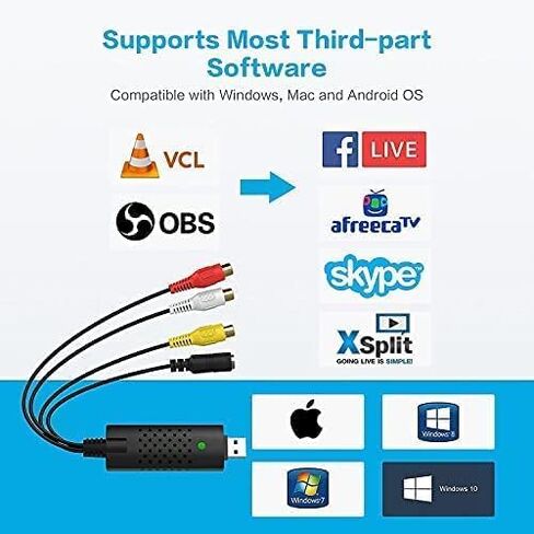 Capture Card, USB Video Capture Card Device, Audio Video Converter Grabber for RCA to USB-Convert VHS Mini DV VCR Hi8 DVD to Digital, for PC TV Tape Player Camcorder, MAC Windows Vista Compatible in Saudi Arabia