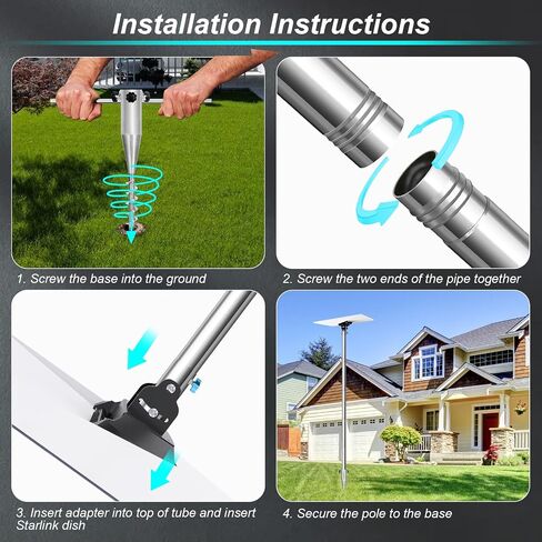 Starlink Standard 4/4X Pole Mount, 10Ft Starlink Gen 3/4 Ground Pole Mount | 1.5'' Stainless Steel Pole, No-Dig Spiral Ground Anchor, Starlink Mounting Kit Pipe Adapter Accessories, Portable Adjustable in Saudi Arabia