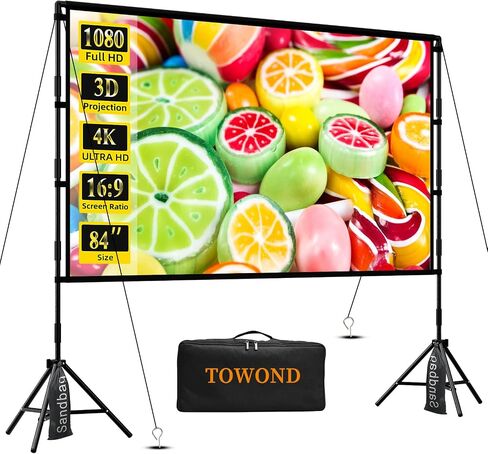 شاشة عرض TOWOND مع حامل، شاشة عرض خارجية 100 بوصة، شاشة عرض داخلية محمولة 16:9 4K شاشة أمامية خلفية للأفلام مع حقيبة حمل لمسرح الفناء الخلفي المنزلي 100 بوصة in Kuwait