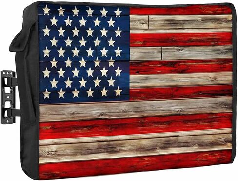 American Flag Outdoor TV Cover 40 to 43 Inches Weatherproof & Waterproof | Red Striped Blue Star Outdoor TV Enclosure with Remote Control Pocket, Vintage Wooden TV Screen Protectors for Outside TV in Kuwait
