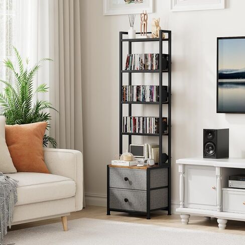 CD Storage Rack with Drawer, 5-Tier Media Storage Shelf | 56.5 in Tall Narrow DVD Shelf Tower, Books Video Game Shelfing Unit, Holds 200 CDs for Living Home Office Small Space in Saudi Arabia