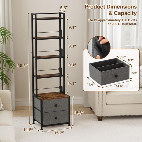 CD Storage Rack with Drawer, 5-Tier Media Storage Shelf | 56.5 in Tall Narrow DVD Shelf Tower, Books Video Game Shelfing Unit, Holds 200 CDs for Living Home Office Small Space in Saudi Arabia