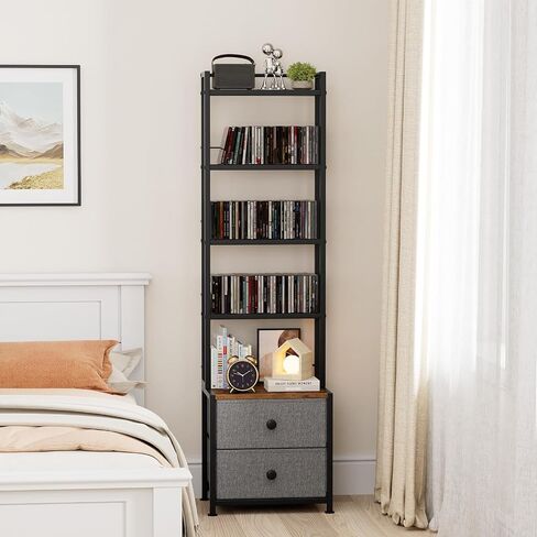 CD Storage Rack with Drawer, 5-Tier Media Storage Shelf | 56.5 in Tall Narrow DVD Shelf Tower, Books Video Game Shelfing Unit, Holds 200 CDs for Living Home Office Small Space in Saudi Arabia