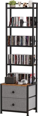 CD Storage Rack with Drawer, 5-Tier Media Storage Shelf | 56.5 in Tall Narrow DVD Shelf Tower, Books Video Game Shelfing Unit, Holds 200 CDs for Living Home Office Small Space in Saudi Arabia
