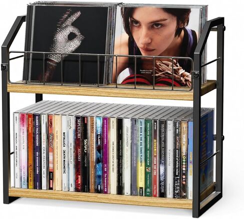 CD Storage Rack, 2 Tier CD holder with Display Shelf, Holds 60 Cases-Brown | Versatile CD organizer works for DVD storage, books and other media items, keeping jewel cases neat and accessible in Saudi Arabia