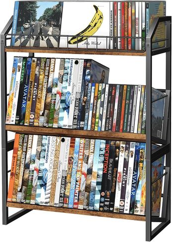 ELITEROO 3-Tier CD Storage Rack, Wood DVD Holder with 2-in-1 Assembly Design, Tilting CD Organizer Tower Holds Up to 112 CDs or 78 DVDs, Table Top DVD Display Stand for Music Enthusiasts, Rustic Brown in Saudi Arabia