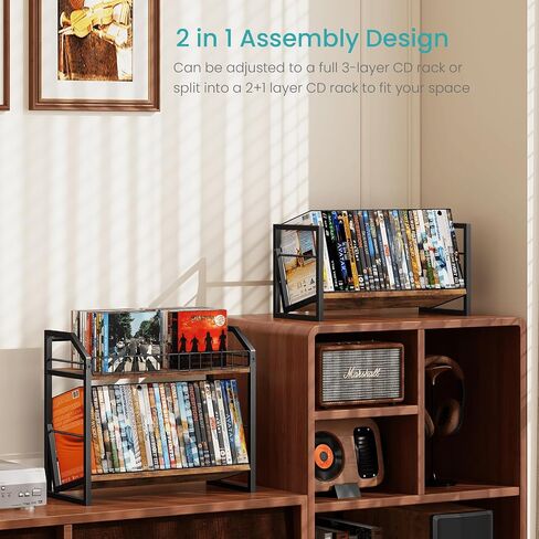ELITEROO 3-Tier CD Storage Rack, Wood DVD Holder with 2-in-1 Assembly Design, Tilting CD Organizer Tower Holds Up to 112 CDs or 78 DVDs, Table Top DVD Display Stand for Music Enthusiasts, Rustic Brown in Saudi Arabia