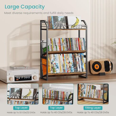 ELITEROO 3-Tier CD Storage Rack, Wood DVD Holder with 2-in-1 Assembly Design, Tilting CD Organizer Tower Holds Up to 112 CDs or 78 DVDs, Table Top DVD Display Stand for Music Enthusiasts, Rustic Brown in Saudi Arabia