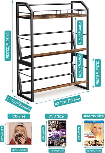 ELITEROO 3-Tier CD Storage Rack, Wood DVD Holder with 2-in-1 Assembly Design, Tilting CD Organizer Tower Holds Up to 112 CDs or 78 DVDs, Table Top DVD Display Stand for Music Enthusiasts, Rustic Brown in Saudi Arabia
