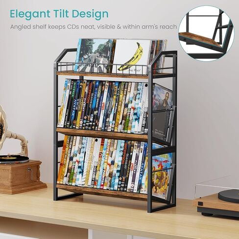 ELITEROO 3-Tier CD Storage Rack, Wood DVD Holder with 2-in-1 Assembly Design, Tilting CD Organizer Tower Holds Up to 112 CDs or 78 DVDs, Table Top DVD Display Stand for Music Enthusiasts, Rustic Brown in Saudi Arabia