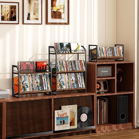 ELITEROO 3-Tier CD Storage Rack, Wood DVD Holder with 2-in-1 Assembly Design, Tilting CD Organizer Tower Holds Up to 112 CDs or 78 DVDs, Table Top DVD Display Stand for Music Enthusiasts, Rustic Brown in Saudi Arabia