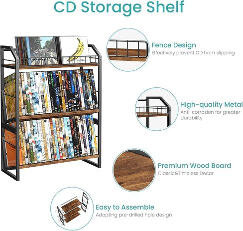 ELITEROO 3-Tier CD Storage Rack, Wood DVD Holder with 2-in-1 Assembly Design, Tilting CD Organizer Tower Holds Up to 112 CDs or 78 DVDs, Table Top DVD Display Stand for Music Enthusiasts, Rustic Brown in Saudi Arabia