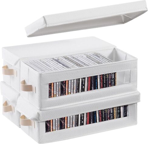 4 Packs CD Storage Box with Visible Window, Stackable CD Case Holder with Dustproof Lid and Handles, Holds Up to 148 CDs in Full Jewel Cases-15.75 x 6.10 x 5.31 Inches-Black in Saudi Arabia