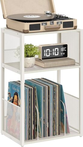 VASAGLE Record Player Stand, 3-Tier Side Table, Vinyl Record Storage up to 100 Albums, End Table for Living Room, Bedroom, Rustic White ULET275W01 in Saudi Arabia