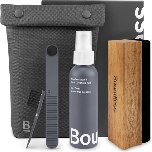 Boundless Audio Vinyl Record Cleaning Kit - 5-in-1 Brushes, Solution & Bag | Velvet Record Brush, 2oz Record Cleaning Solution, Stylus Cleaner, Nylon Brush & Storage Bag - For Regular Cleaning/Care in Saudi Arabia
