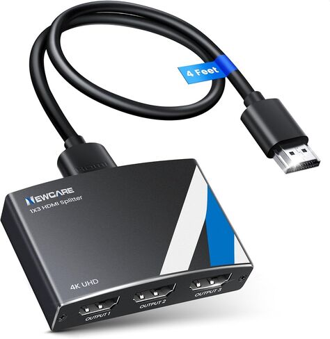 NEWCARE 4K HDMI Splitter 1 in 3 Out with 4 FT Hdmi Cable and Power Adapter | Not Support Extended Display, Aluminum Alloy 1×3 HDMI Splitter Support 4Kx2K,1080P,3D, DTS/Doby-TrueHD for Xbox PS5/4 Roku in Saudi Arabia