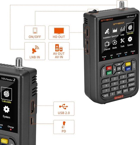 GT Media V8 Finder2 Satellite Finder Digital FTA DVB-S/S2/S2X Signal Measuring Meter Detector Receiver LCD Screen for Adjusting Sat TV Dish with Backpack in Saudi Arabia