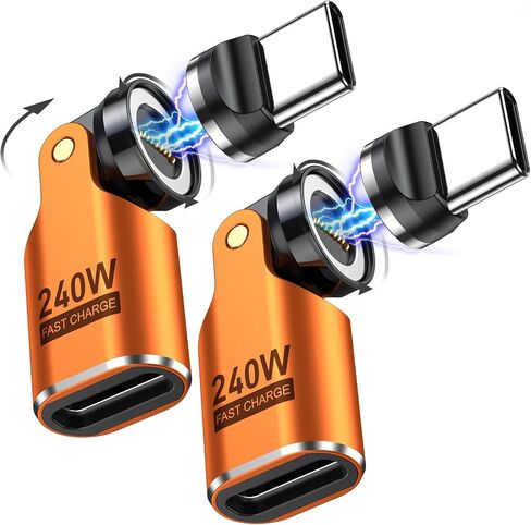 USB C Magnetic Adapter PD 240W(2Pack), 9PIN USB C 90 Degree Adapter/C Right Angle Adapter/180 Degree USB Connector/C to C Adaptor for 1Phone 16/15 Series, Ma-Book Pro/1Pad Series (Orange, 2 Pack) in Saudi Arabia