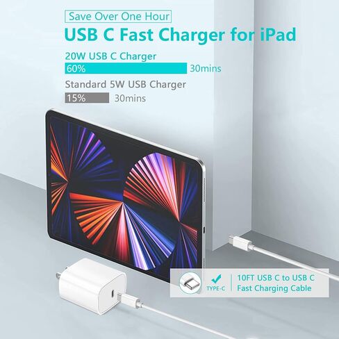 iPad Pro Charger,20W USB C Fast Charger with 10FT Long Fast Charging Cord for iPad Pro 12.9 5th/4th/3rd,11 inch 3rd/2nd,13 inch M4,iPAD Air 5th/4th Generation/13/11 M3 M2,iPad 10th/11th(A16),Mini A17 in Saudi Arabia