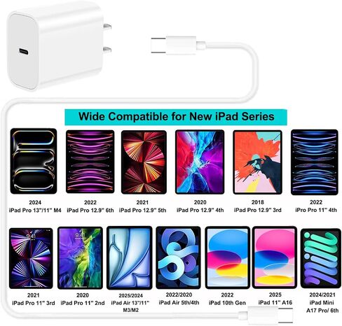 iPad Pro Charger,20W USB C Fast Charger with 10FT Long Fast Charging Cord for iPad Pro 12.9 5th/4th/3rd,11 inch 3rd/2nd,13 inch M4,iPAD Air 5th/4th Generation/13/11 M3 M2,iPad 10th/11th(A16),Mini A17 in Saudi Arabia