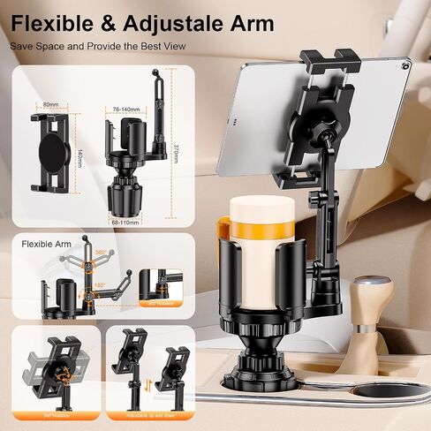 Tablet Holder for Car, 3 in1 Stable Cup Holder ipad Car Mount with Expander | Adjustable Base and Long Arm with 360°Rotation Phone ipad Holder for 4-12.9‘’ Tablet, All Smartphones and Most Bottles in Saudi Arabia