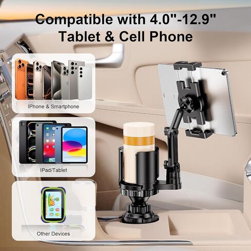 Tablet Holder for Car, 3 in1 Stable Cup Holder ipad Car Mount with Expander | Adjustable Base and Long Arm with 360°Rotation Phone ipad Holder for 4-12.9‘’ Tablet, All Smartphones and Most Bottles in Saudi Arabia