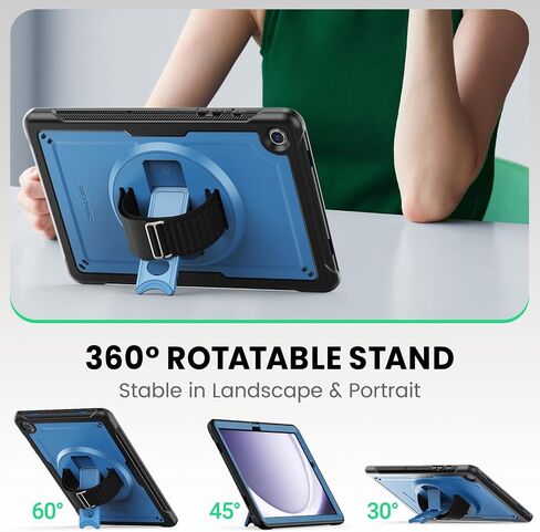 SEYMAC for Samsung Galaxy Tab A9+ Plus Case 11" (SM-X210/X216/X218) | Navy Blue Shockproof Case, Screen Protector, Rotating Stand, Hand/Shoulder Strap in Kuwait
