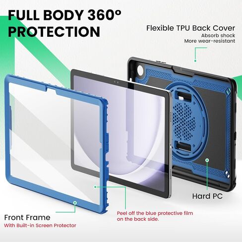 SEYMAC for Samsung Galaxy Tab A9+ Plus Case 11" (SM-X210/X216/X218) | Navy Blue Shockproof Case, Screen Protector, Rotating Stand, Hand/Shoulder Strap in Kuwait