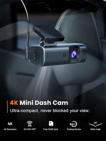 كاميرا أمامية galphi 4K Dash Cam، 5 جيجا هرتز WiFi، بطاقة 32 جيجا بايت متضمنة، Mini Dashcam in Kuwait