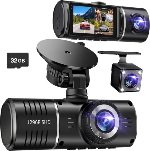 Dash Cam Front and Rear, 1296P Dash Camera for Cars, 3 Channel Car Camera Front Rear and Inside with 32GB Card, Loop Recording, Night Vision, HDR, 24Hr Parking, G-Sensor in Saudi Arabia