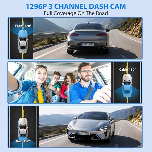 Dash Cam Front and Rear, 1296P Dash Camera for Cars, 3 Channel Car Camera Front Rear and Inside with 32GB Card, Loop Recording, Night Vision, HDR, 24Hr Parking, G-Sensor in Saudi Arabia