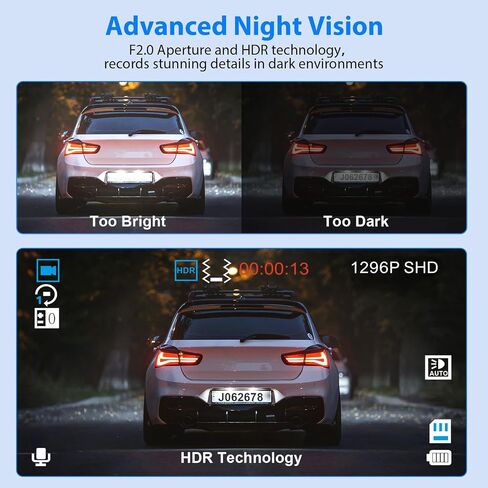 Dash Cam Front and Rear, 1296P Dash Camera for Cars, 3 Channel Car Camera Front Rear and Inside with 32GB Card, Loop Recording, Night Vision, HDR, 24Hr Parking, G-Sensor in Saudi Arabia
