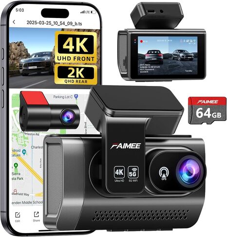 4K Dash Cam Front and Rear, Night Vision, WDR, Free Card Included | 2K Rear Dash Camera for Cars, 170° Wide Angle, 5.8G/2.4G Wi-Fi, Built-in GPS, G-Sensor Emergency Lock, 24H Parking Monitor in Saudi Arabia