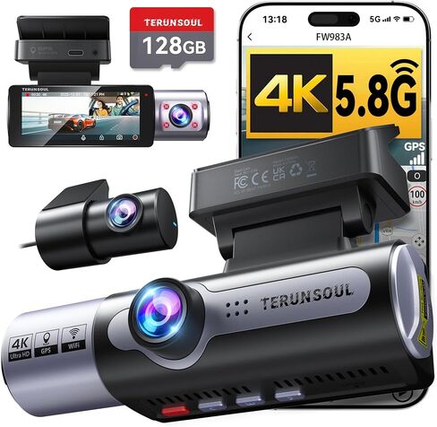 4K Dash Cam Front and Rear, Full HD 3 Channel Dashcam, Free 128GB Card | built-in 5.8GHz WiFi Built-in GPS, Collision sensor, night vision, HDR, 3.16" IPS, 24H Parking Mode（Black） in Saudi Arabia