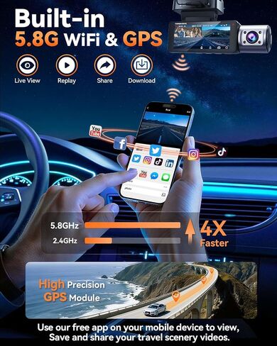 4K Dash Cam Front and Rear, Full HD 3 Channel Dashcam, Free 128GB Card | built-in 5.8GHz WiFi Built-in GPS, Collision sensor, night vision, HDR, 3.16" IPS, 24H Parking Mode（Black） in Saudi Arabia
