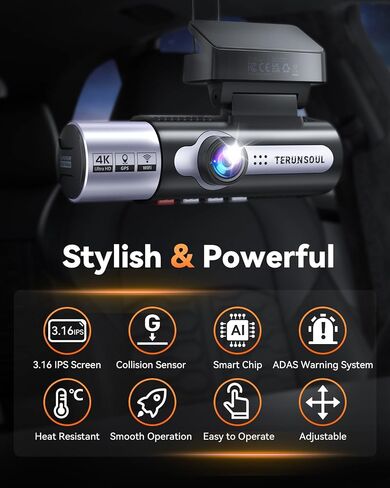 4K Dash Cam Front and Rear, Full HD 3 Channel Dashcam, Free 128GB Card | built-in 5.8GHz WiFi Built-in GPS, Collision sensor, night vision, HDR, 3.16" IPS, 24H Parking Mode（Black） in Saudi Arabia