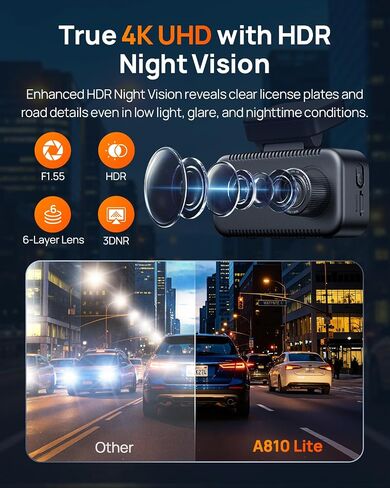 70mai A810 Lite 4K Dash Cam Front and Rear, 5GHz Wi-Fi 6 DashCam, Car Camera 4G LTE Remote Access, GPS Tracking, HDR Night Vision, 24H Parking Mode, Voice Control, Emergency Lock, Loop Recording in Saudi Arabia