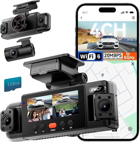 IIWEY N6 360° Dash Cam 4 Channel, Free 128GB Card, 8 IR Lights Night Vision | 5.8G WiFi-6 (up to 20MB/s) with App, 24/7 Parking Mode, FHD Front & Rear Inside Dash Cam for Car, 3.16" IPS, GPS, G-Sensor in Saudi Arabia