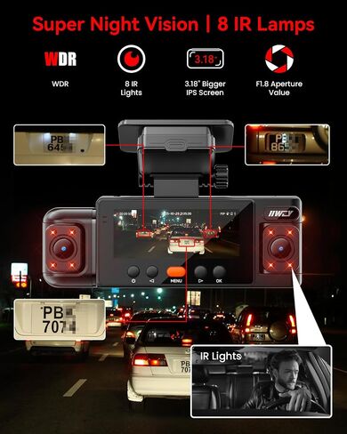 IIWEY N6 360° Dash Cam 4 Channel, Free 128GB Card, 8 IR Lights Night Vision | 5.8G WiFi-6 (up to 20MB/s) with App, 24/7 Parking Mode, FHD Front & Rear Inside Dash Cam for Car, 3.16" IPS, GPS, G-Sensor in Saudi Arabia