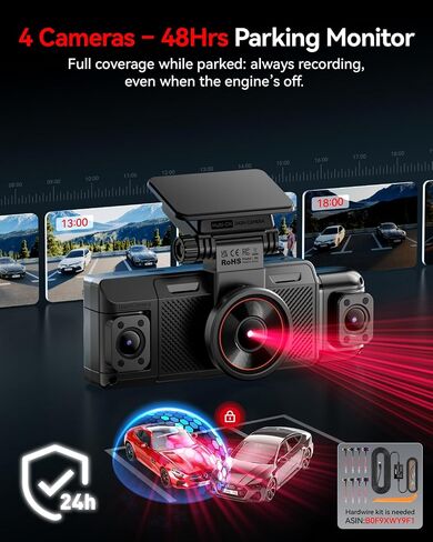 IIWEY N6 360° Dash Cam 4 Channel, Free 128GB Card, 8 IR Lights Night Vision | 5.8G WiFi-6 (up to 20MB/s) with App, 24/7 Parking Mode, FHD Front & Rear Inside Dash Cam for Car, 3.16" IPS, GPS, G-Sensor in Saudi Arabia