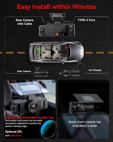 IIWEY N6 360° Dash Cam 4 Channel, Free 128GB Card, 8 IR Lights Night Vision | 5.8G WiFi-6 (up to 20MB/s) with App, 24/7 Parking Mode, FHD Front & Rear Inside Dash Cam for Car, 3.16" IPS, GPS, G-Sensor in Saudi Arabia