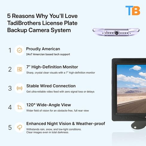 7" HD License Plate Backup Camera with a Monitor– Wired for No Interference, 120° Wide-Angle, Weatherproof, Night Vision – American-Based, 1-Year Warranty in Saudi Arabia