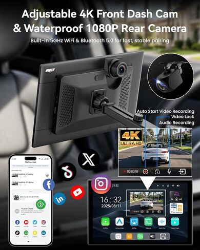 11'' Wireless CarPlay Screen with 4K Dash Cam, HD Touchscreen | 11'' HD laminated touchscreen with wireless CarPlay, Android Auto, 4K front camera, 5GHz WiFi, Bluetooth and phone mirroring. in Saudi Arabia