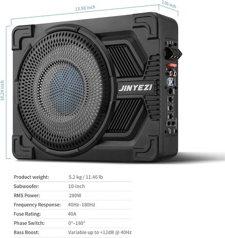 10" 1200W Under Seat Subwoofers with Amp, Class D MOSFET Amp & Efficient Heat Dissipation Design, Independent Control for Low-Pass Filter/Gain/Bass Boost, Suitable for Trucks/SUVs/Jeeps/MPVs in Saudi Arabia