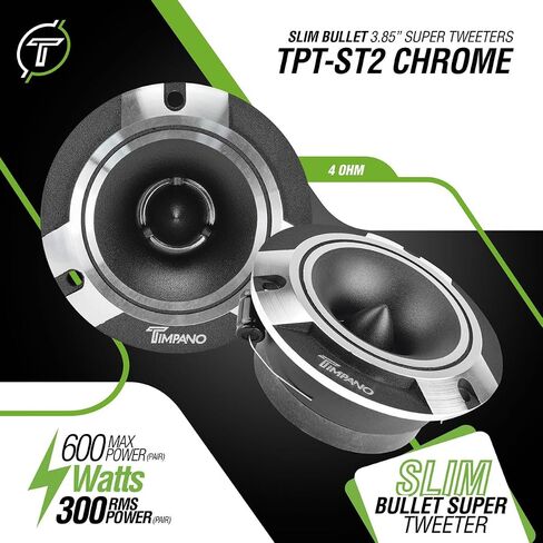 Timpano TPT-ST2 Chrome Slim Super Tweeter, 600 Watts 4 Ohm, 105 dB, 1 in Voice Coil, 3.85 inch Pro Car Sound System Bullet Tweeters (Pair) in Saudi Arabia