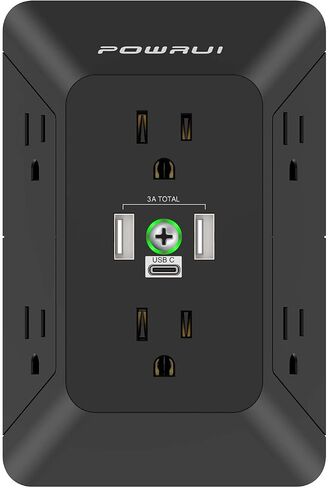 Multi Plug Wall Outlet Night Light, POWRUI 6 Outlet Extender & 3 USB Ports | 3-Sided Power Strip, Adapter Spaced Outlets, 1680J Surge Protector, Outlet Splitter, Wall Charger, ETL Listed, White in Kuwait