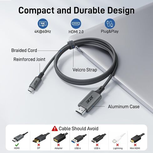 Acer USB C to HDMI Cable for Home Office 6.6FT (4K@60Hz) for Laptop | Thunderbolt 4/3 Support, High-Speed Type C to HDMI 2.0 Braided Cord Compatible for Acer, MacBook Neo, iPhone 17 Pro/Max, iPad in Saudi Arabia
