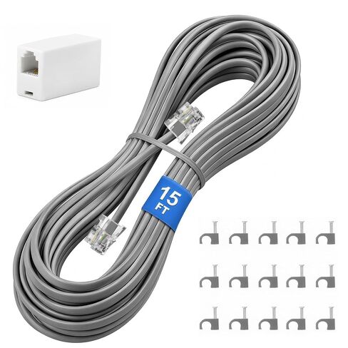 15FT Phone Extension Cord, RJ11 Coupler and Cable Clips, White | Telephone Extension Line Cable with 1 In-line Coupler & 15pcs Nail-in Cable Clip Holders for Landline Phone, Home or Office in Kuwait