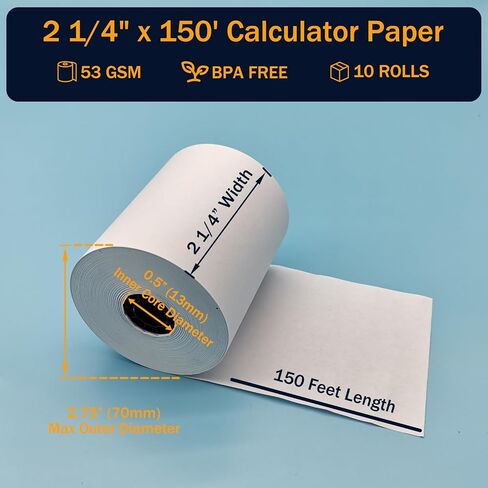 2 1/4 in x 150 ft Calculator Paper Rolls 2 1/4 Adding Machine Tape Paper Rolls, for HR-10RC, HR-170RC, HR-200RC, EL-1197PIII, EL-1801V, P23-DHV-3, CP-90A, MP11DX-2, 1280-2, 53 GSM, 10 Rolls in Kuwait