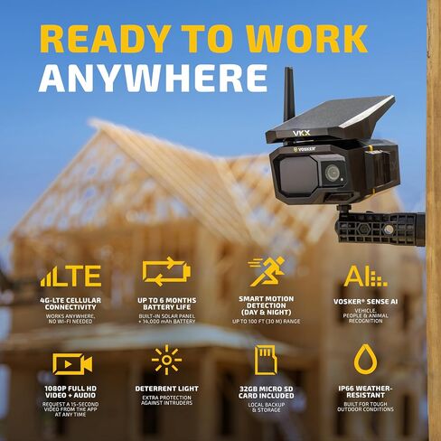 Vosker VKX Solar Powered 4G-LTE Outdoor Cellular Security Camera - No WiFi Needed, Motion Activated, Night Vision, SIM Card Included, On-Demand Mode - 15s Video Clips, IP65 Weather-Resistant | 15s Video Clips, IP65 Weather-Resistant, SIM Card Included, No in Saudi Arabia